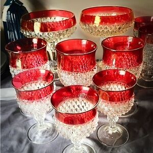 8 piece lot of Indiana glass Ruby flash diamond point glassware